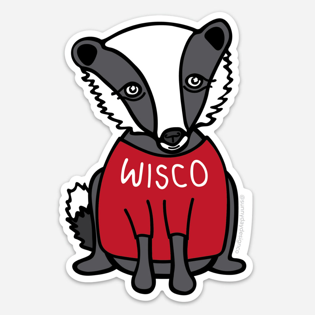 A die cut vinyl car magnet featuring a cute badger animal wearing a red shirt that says WISCO in white - a perfect badger mascot gift for fans, students & alumni of the University of Wisconsin - Madison
