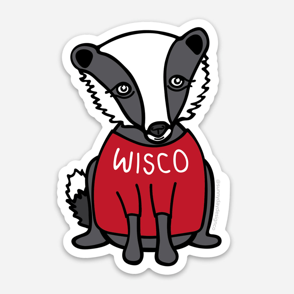 a cute badger sticker design based off of the mascot for the University of Wisconsin in Madison - this fun gray badger illustration features a red shirt with the text "WISCO" in white.