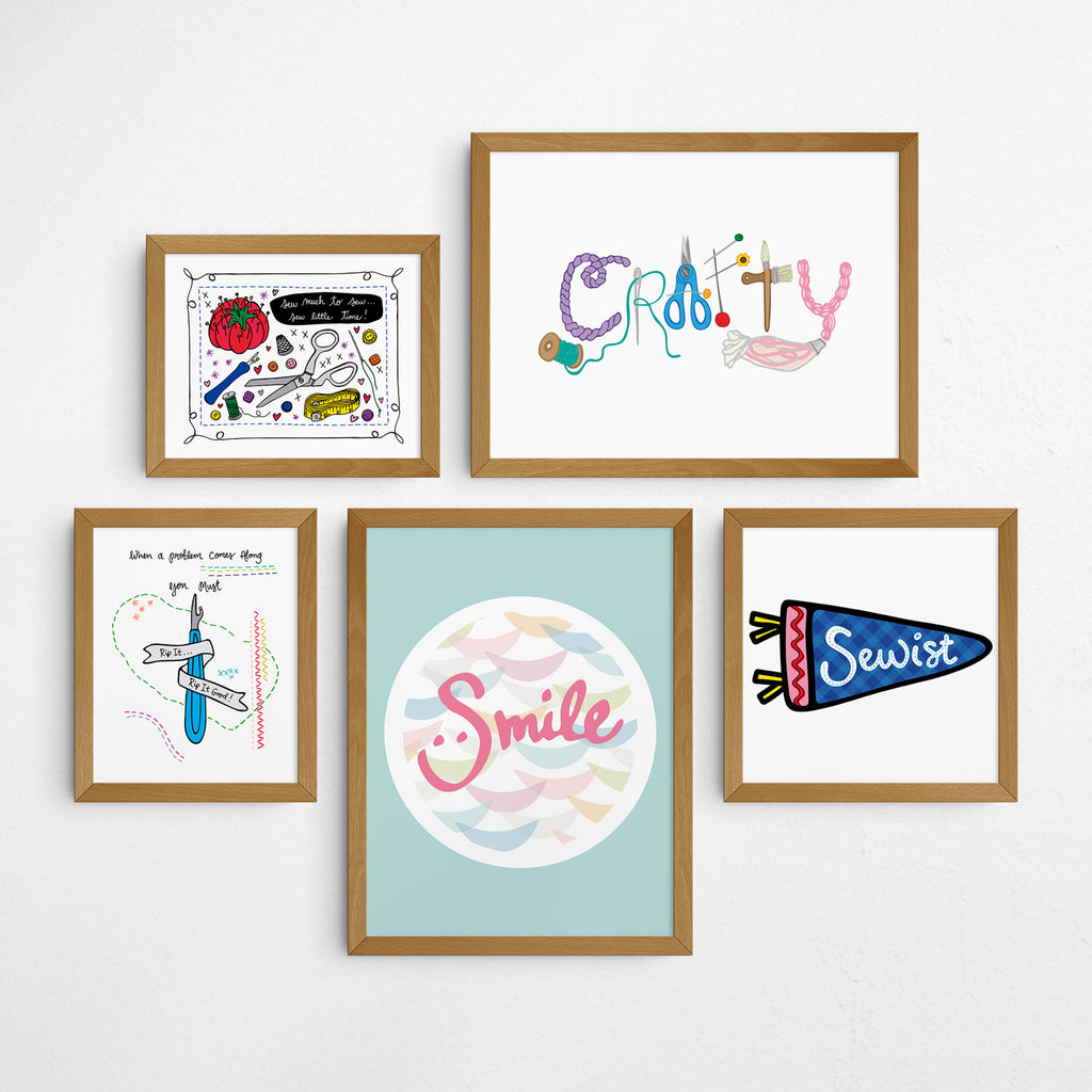 5 framed wall art prints featuring crafty and sewing inspired illustrations by Sunny Day Designs