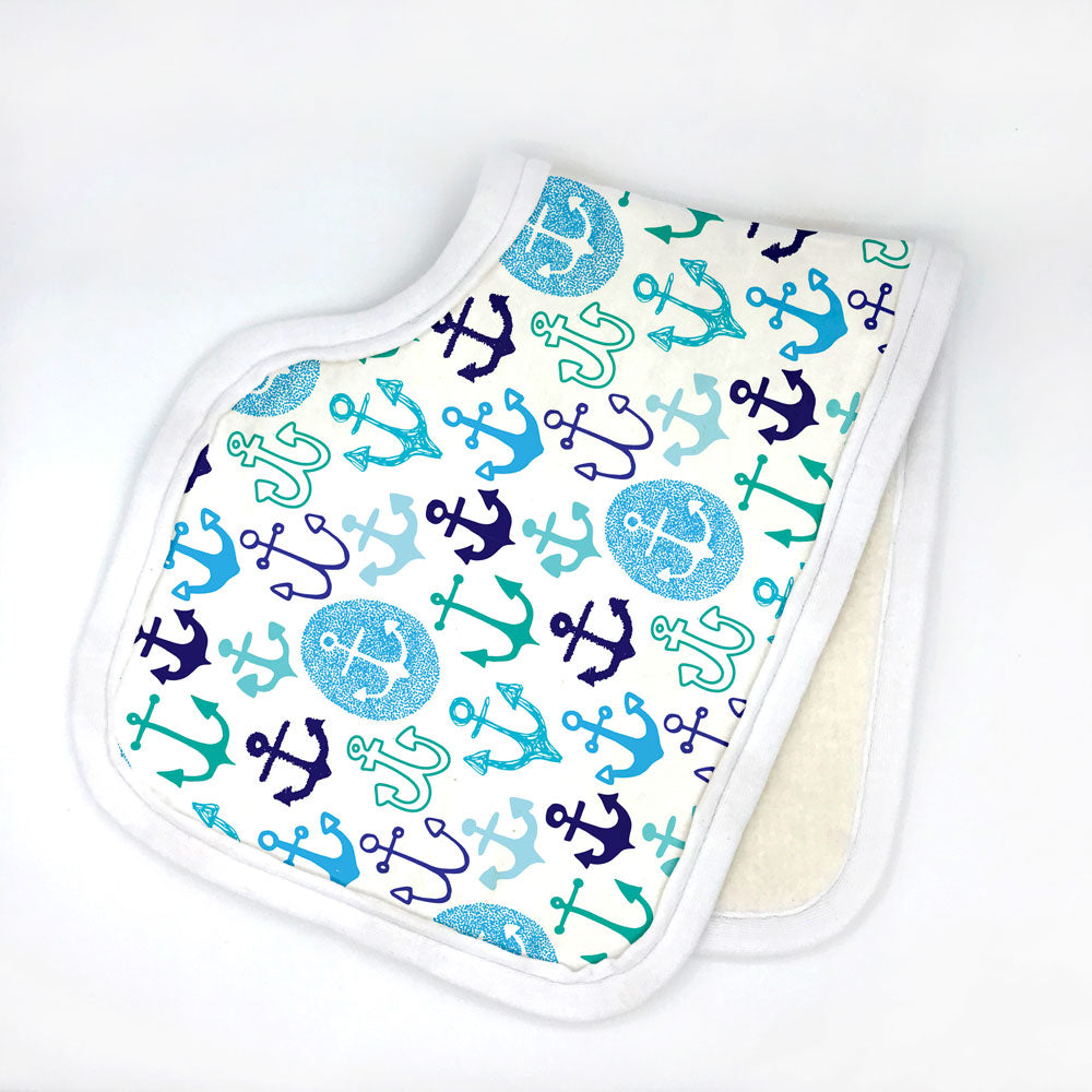 anchors away burp cloth with blue and green anchors on white background by Sunny Day Designs