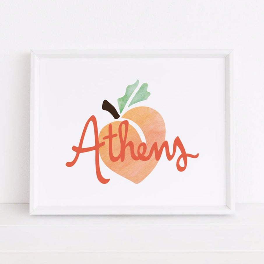 Athens, Georgia, Peach Watercolor Art Print in White Frame