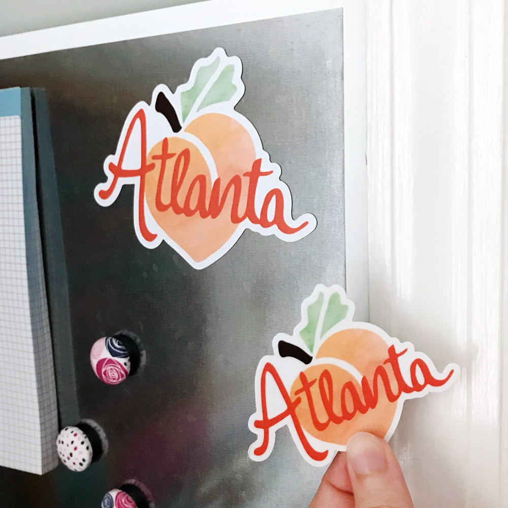 Atlanta Georgia Peach Vinyl Sticker and Vinyl Magnet Peachy Fun Sticker Waterproof Sunny Day Designs