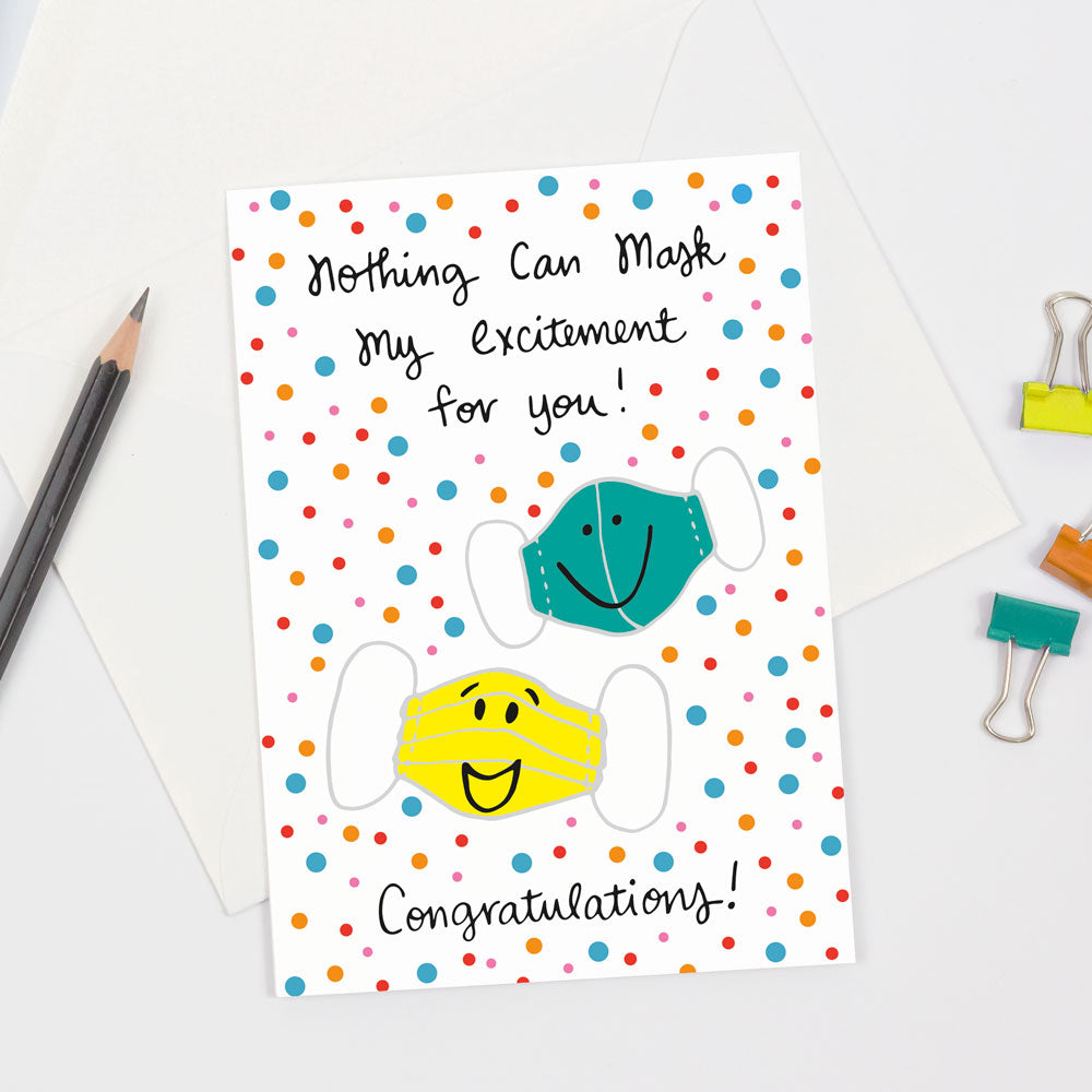 This colorful "Happy Mask" congratulations greeting card by Sunny Designs. Made in the USA and printed on sustainably sourced paper.