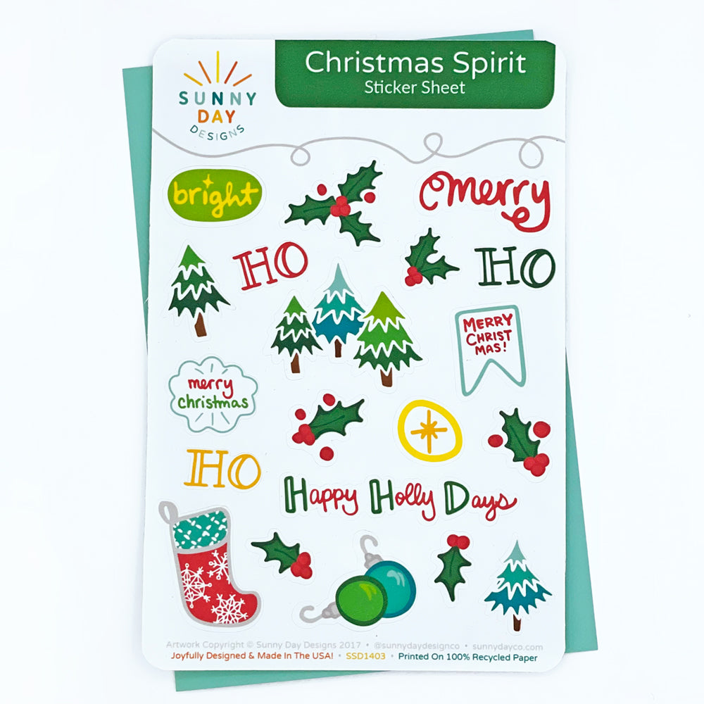 Christmas Spirit Holiday Sticker Sheet by Sunny Day Designs. made in the USA and printed on 100% recycled sticker paper.