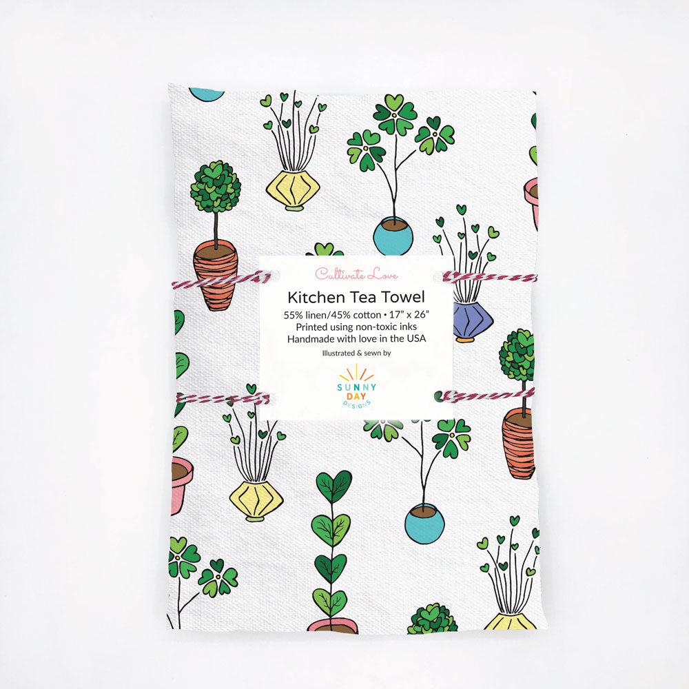 Whimsical, heart-shaped, potted plants adorn this contemporary printed  kitchen tea towel. Perfect for Valentine's Day! Designed and handmade in the USA from durable and soft linen/cotton fabric.