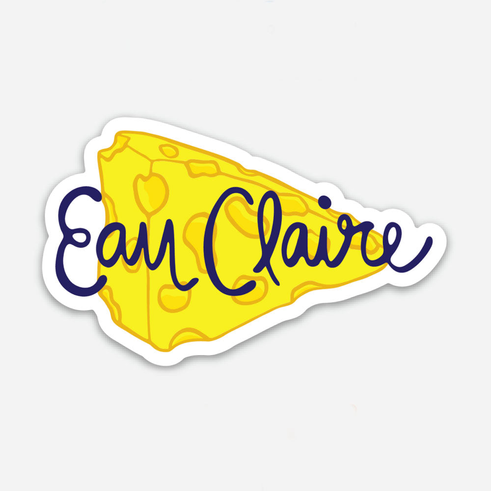 This fun and cheesy Eau Claire WI Cheese vinyl sticker was designed by Sunny Day Designs and made in the USA. These yellow and navy blue vinyl stickers are waterproof, fun, and versatile - they make great souvenirs and are also perfect for local Eau Claire residents.
