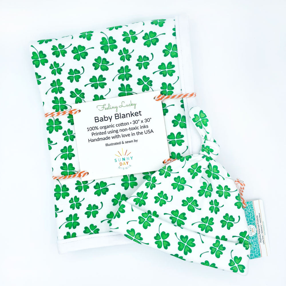 Four Leaf Clover Baby Hat Blanket Set, St Paddy's Day Baby Gift