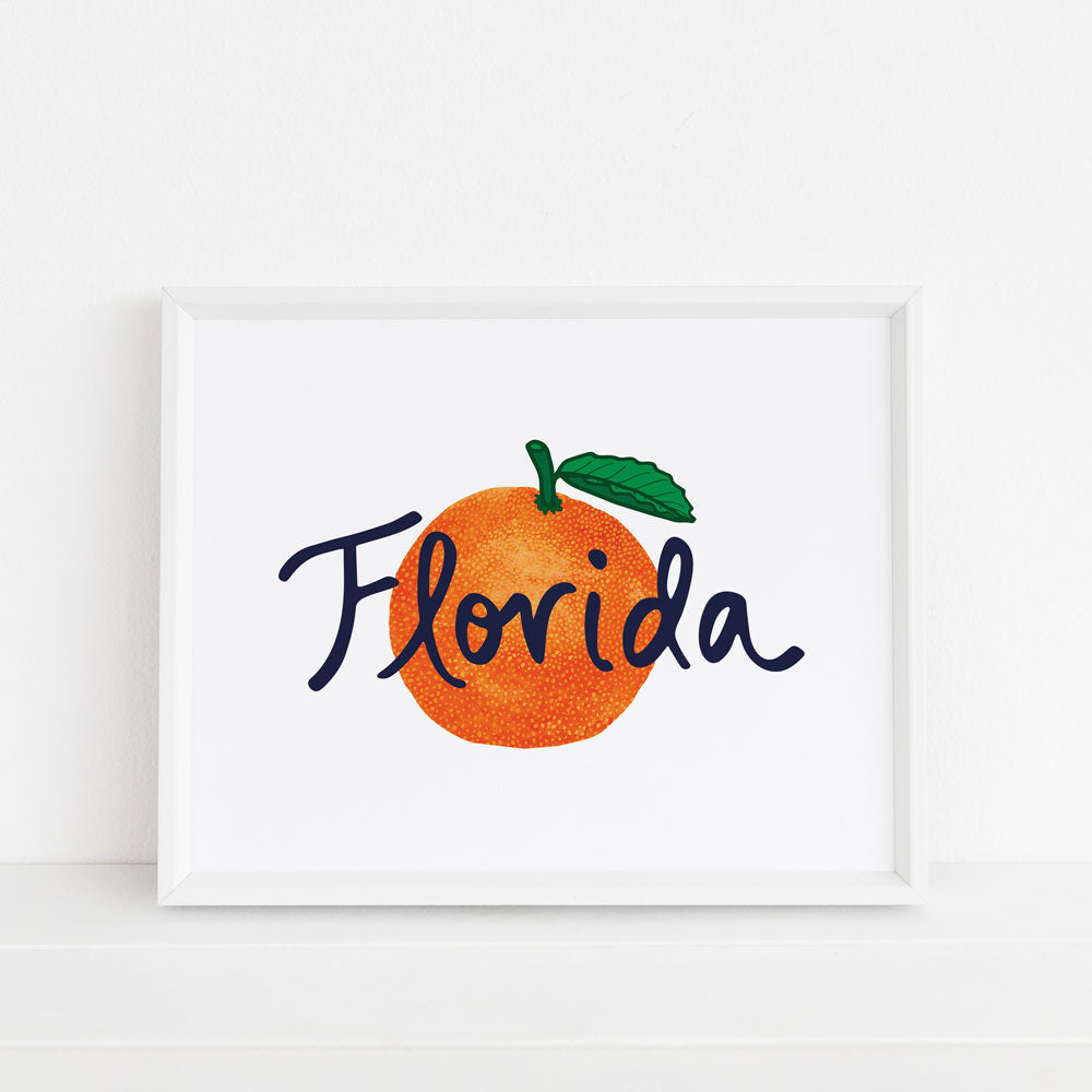 florida orange art print on white background with blue text, Sunny Day Designs 