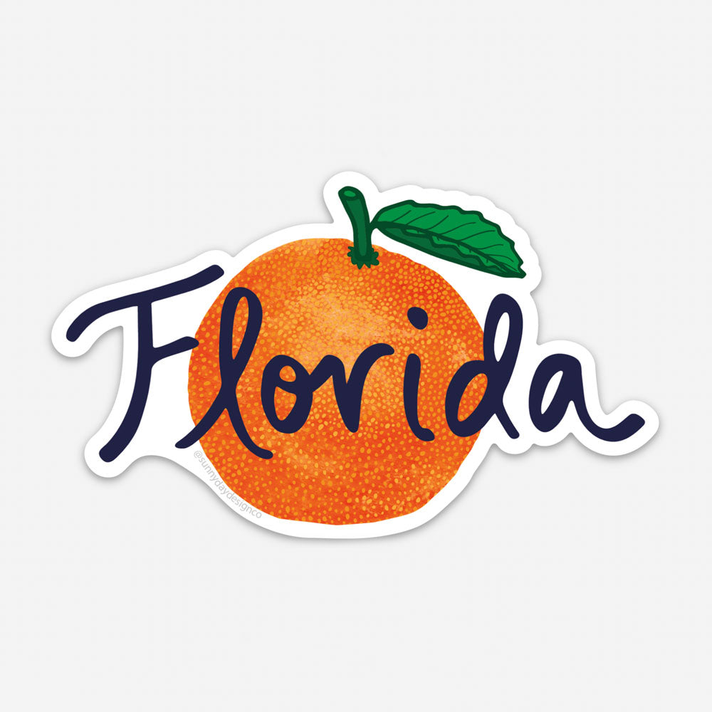 florida orange vinyl magnet on white background with blue text, Sunny Day Designs 