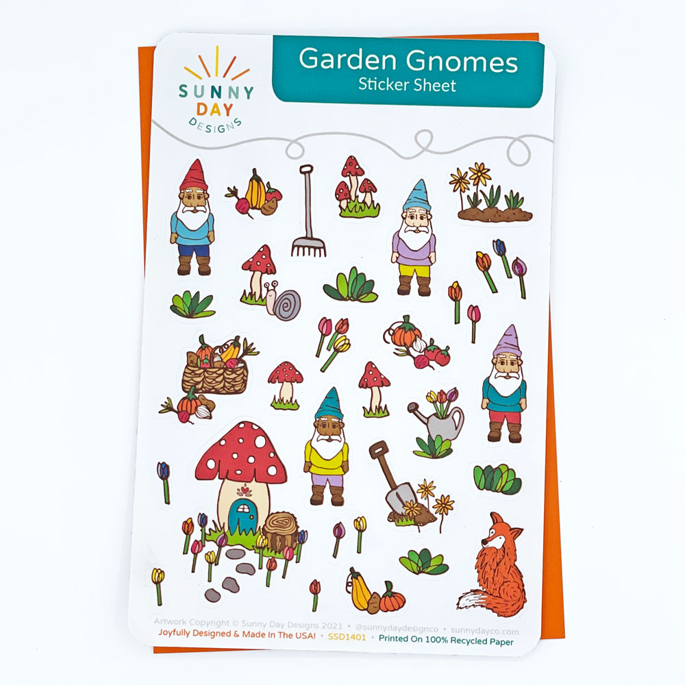 Garden Gnomes Gardening Sticker Sheet by Sunny Day Designs. Made in the USA and printed on 100% recycled sticker paper. featuring whimsical garden gnomes with various skin tone shades, a toadstool home, and various gardening designs.
