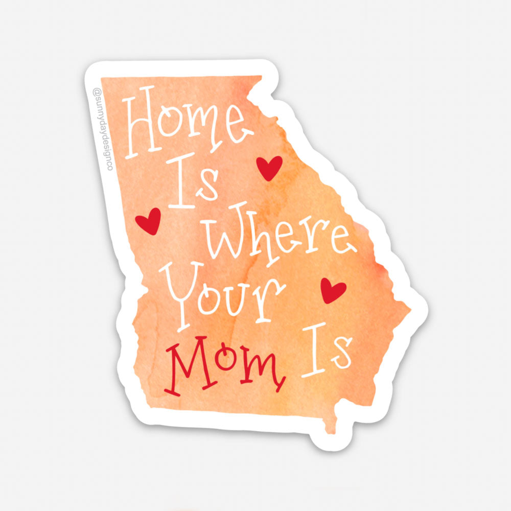 georgia mom state shaped vinyl sticker on orange background with white and red text and hearts by Sunny Day Designs