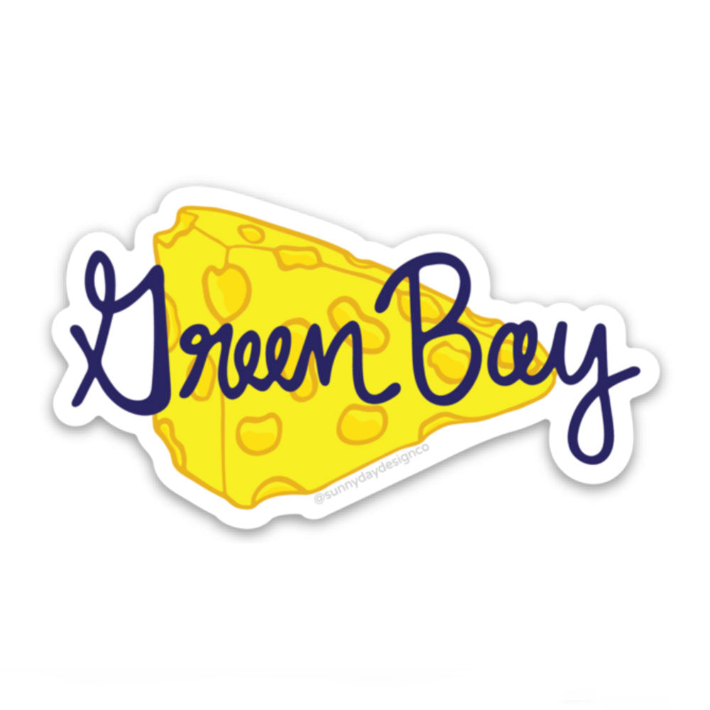 Yellow Green Bay, WI cheese fun vinyl sticker design by Sunny Day Deisgns. Wisconsin Green Bay Packers Fan sticker. Made in the USA