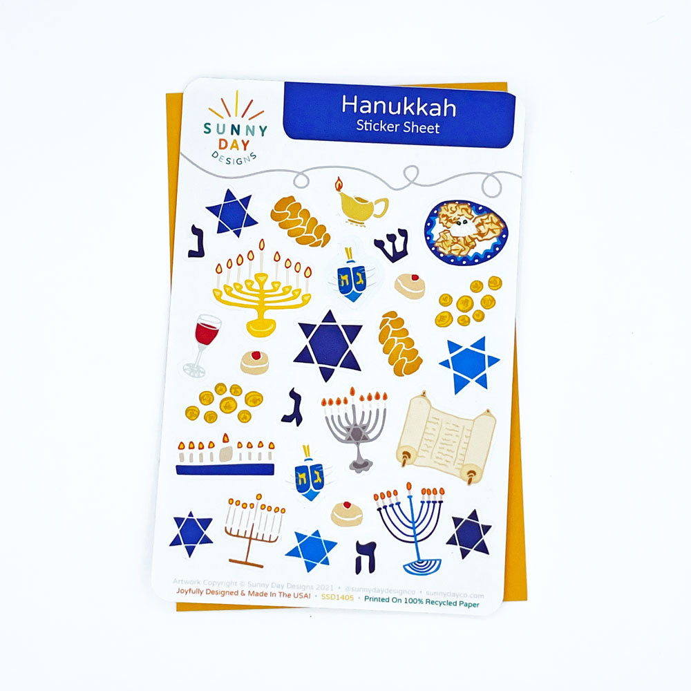 Hanukkah 100% recycled paper sticker sheet. This illustrated 4x6 sized sticker sheet features Chanukah favorites. Made in the USA. Designed by Sunny Day Designs in Madison, WI.