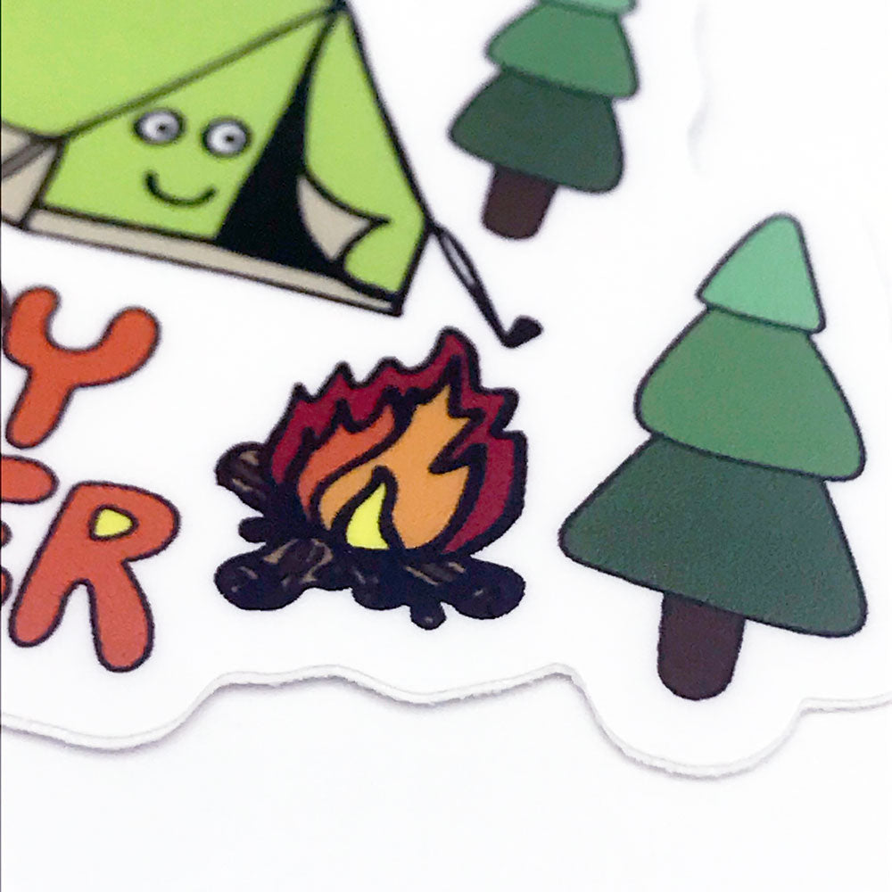 Cute Happy Camper Vinyl Sticker Close Up Fun Sticker Camping Gift Sunny Day Designs