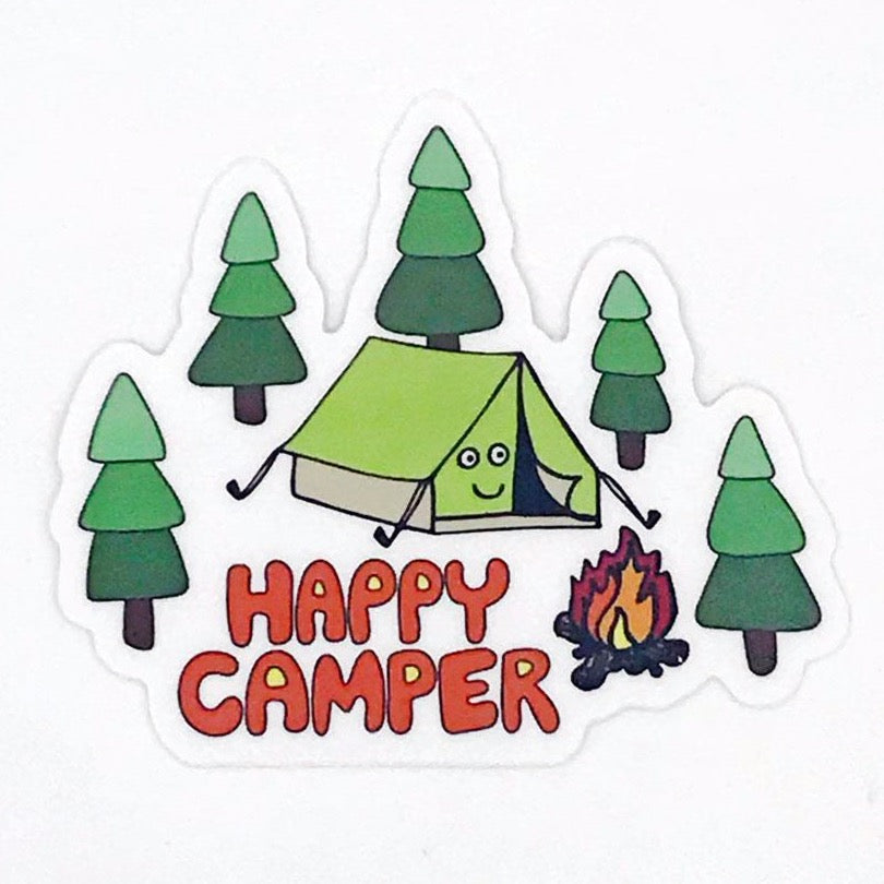 Cute Happy Camper Fun Sticker of Happy Smiling Green Tent and Campfire in Forest Sunny Day Designs