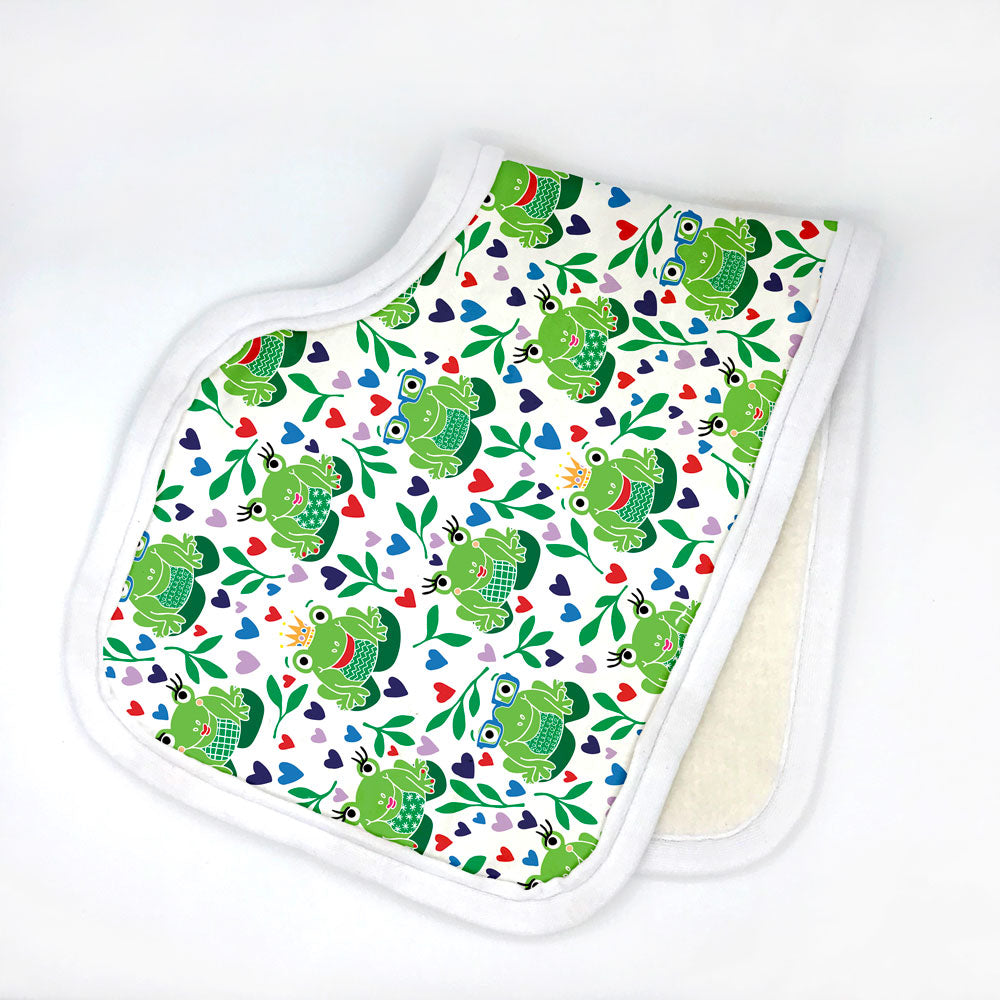 happy hoppers burp cloth with green frogs, hearts, and plants on white background by Sunny Day Designs