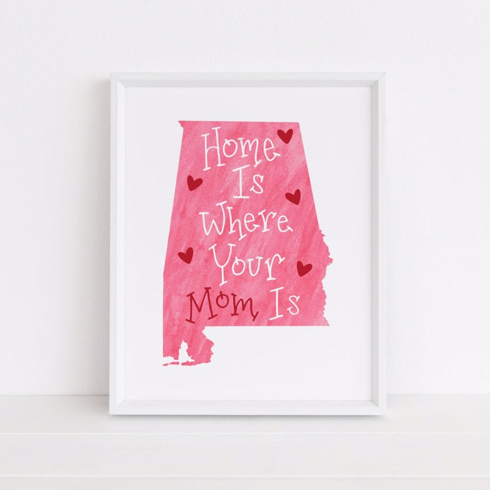 Pink Watercolor Alabama Mom Art Print in White Picture Frame