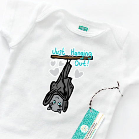 Just Hanging Out Bat Baby Onesie by Sunny Day Designs. Organic cotton. Gray and Turquoise Print on White Baby Bodysuit. Organic Cotton Baby Onesie Made in the USA.