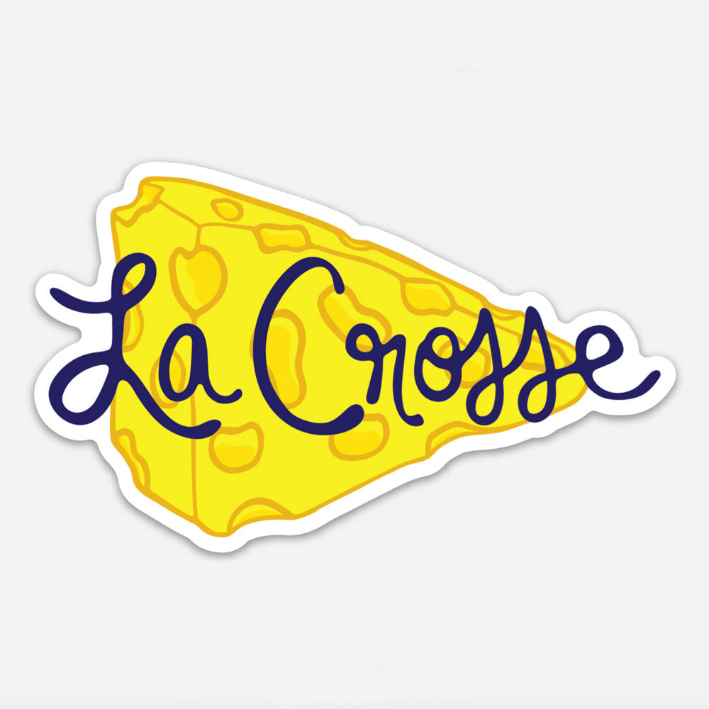 La Crosse Wisconsin Cheese Vinyl Magnet by Sunny Day Designs. Designed and made in the USA, this yellow and navy blue cheese themed car or refrigerator magnet is perfect for any Wisconsinite from La Crosse, WI.