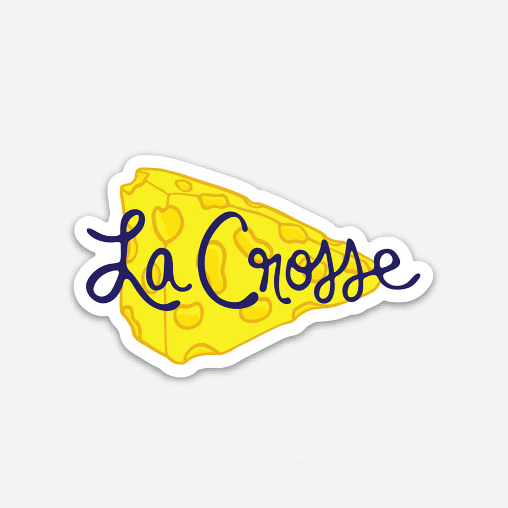 La Crosse WI Cheese Vinyl Sticker design by Sunny Day Designs. This fun and cheesy yellow and navy blue sticker is waterproof, made in the USA, and perfect for displaying La Crosse city pride or a souvenir on water bottles, laptops, smart phones & more!