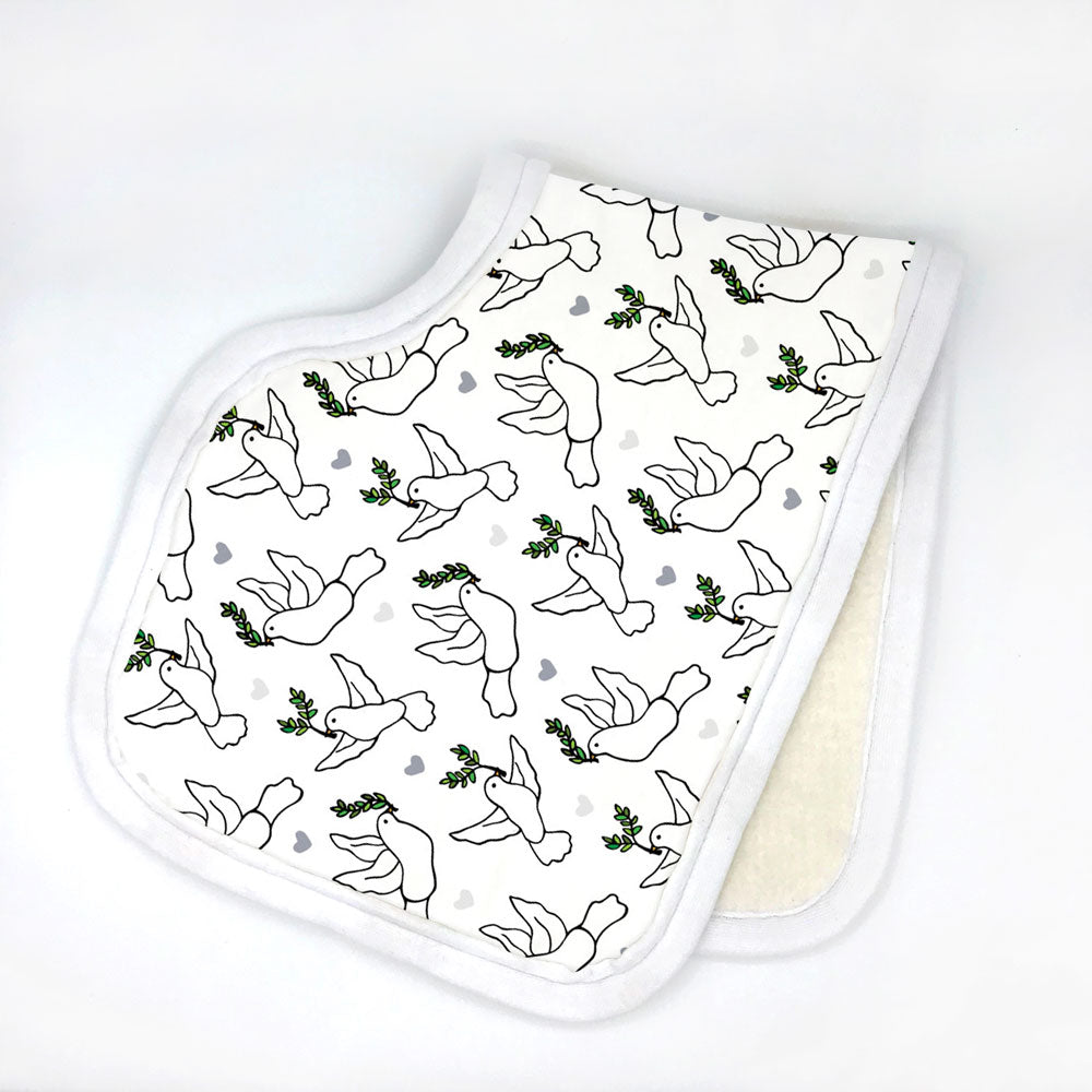 lovey dovey contoured burp cloth with doves and greens on white background by Sunny Day Designs