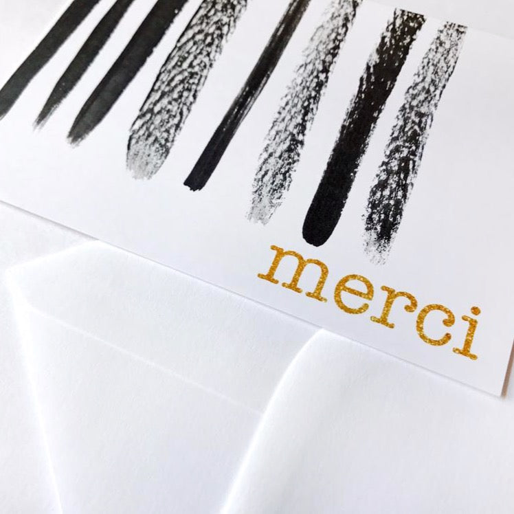 Merci black and white brushstroke greeting card with white envelope by Sunny Day Designs