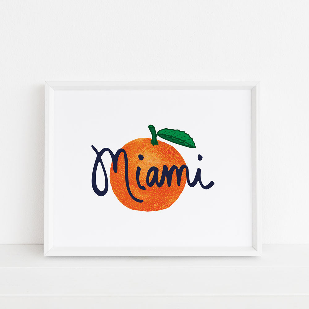 miami orange art print on white background with blue text, Sunny Day Designs 