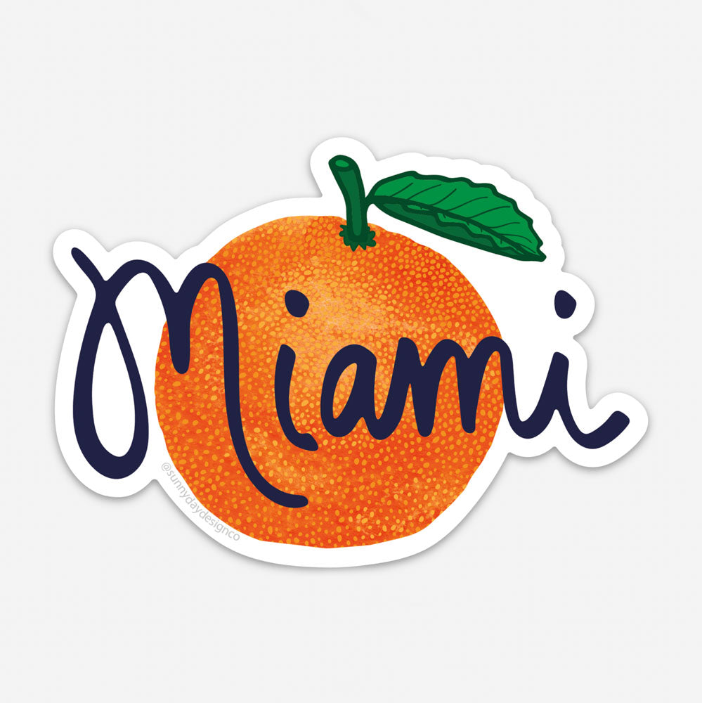 miami orange vinyl magnet on white background with blue text, Sunny Day Designs 