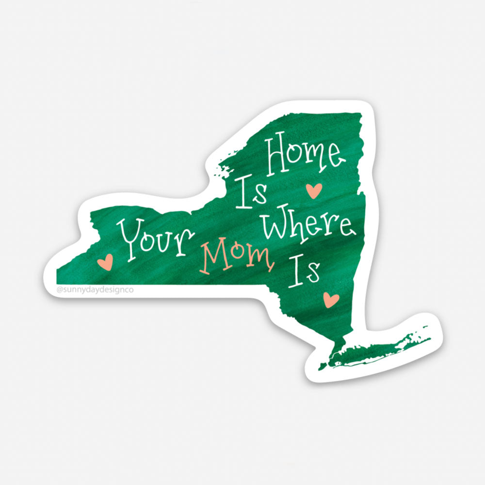 new york mom vinyl sticker in shape of state on green background with white and pink text by Sunny Day Designs