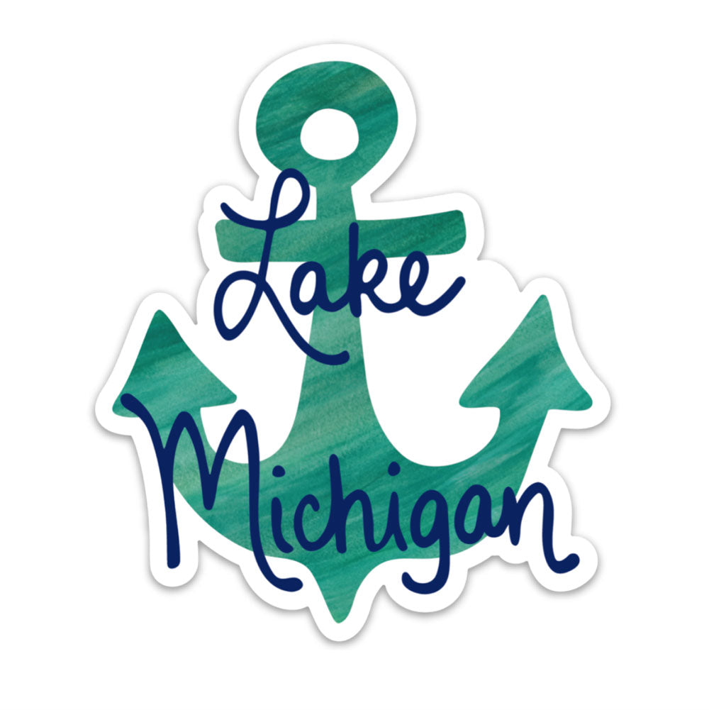 nautical watercolor blue anchor magnet on white background with lake michigan text