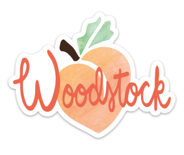 sweet peach magnet on orange background with woodstock text