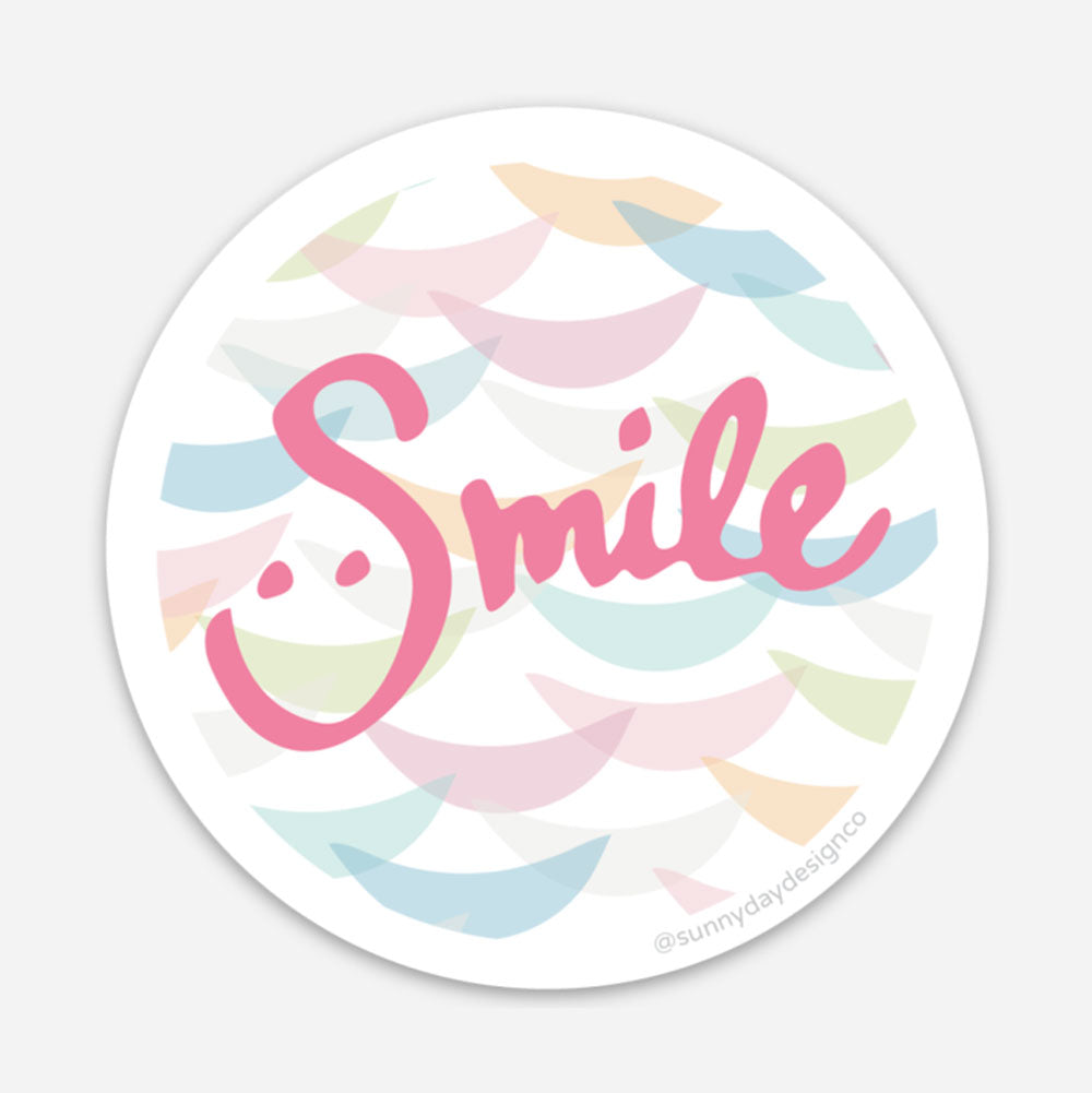 colorful abstract smile text in handwritten pink on multicolor circular background