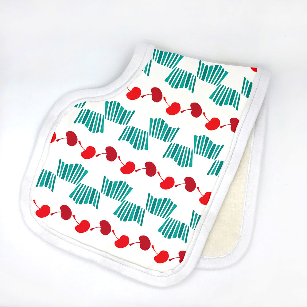 sweet fruit themed burp cloth with red and green cherries on white background