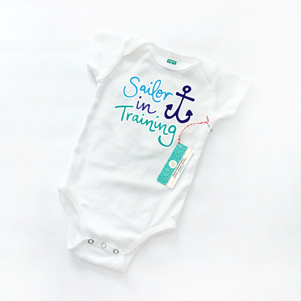 White, Turquoise & Blue Organic Cotton Sailor In Training Baby Onesie by Sunny Day Designs. Made in the USA.