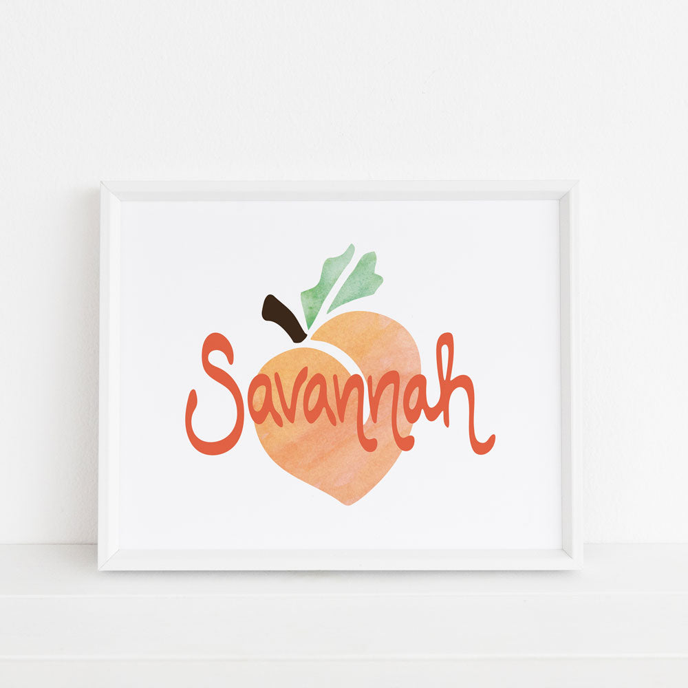 savannah peach 8x10 art print with orange peach and text on white background in frame by Sunny Day Designs