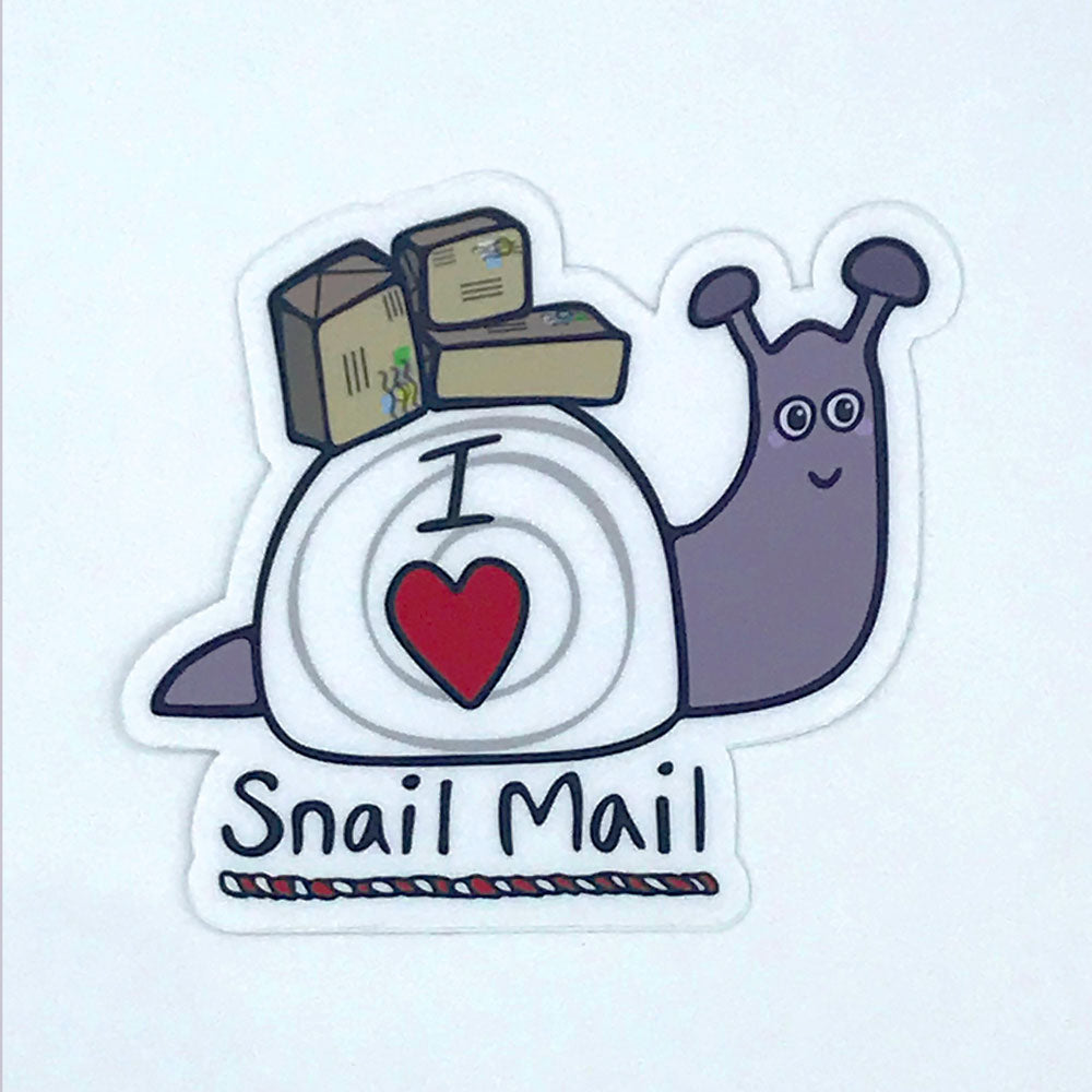 I Love Snail Mail Fun Vinyl Sticker Purple Snail With Packages Cute Laptop Sticker Sunny Day Designs