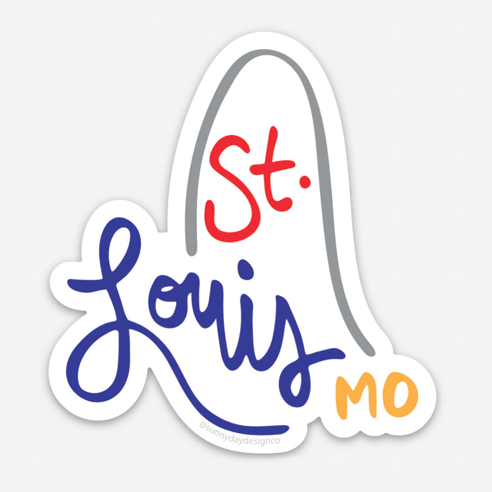 st. louis mo arch vinyl magnet with multi color text and arch on white background by Sunny Day Designs