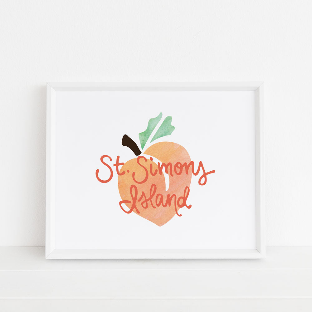 St. Simons Island Georgia Peach 8x10 framed art print by Sunny Day Designs. Made in the USA, this watercolor peach themed design is orange, green and brown on a white background. Designed by Sunny Day Designs