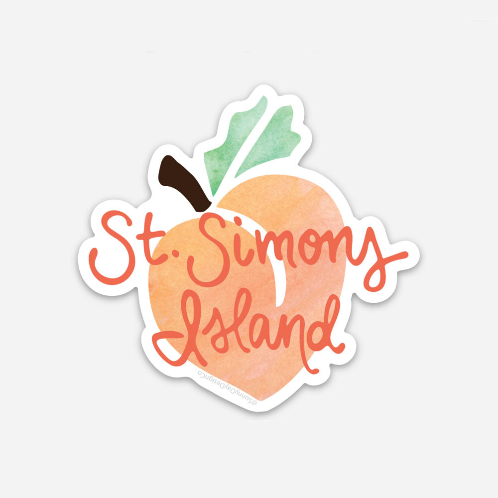 St. Simon Island Georgia Peach vinyl sticker design. Featuring orange, green, and brown watercolor peach artwork by Sunny Day Designs, this durable vinyl sticker is shown against a white background. Made in the USA and designed by Sunny Day Designs.