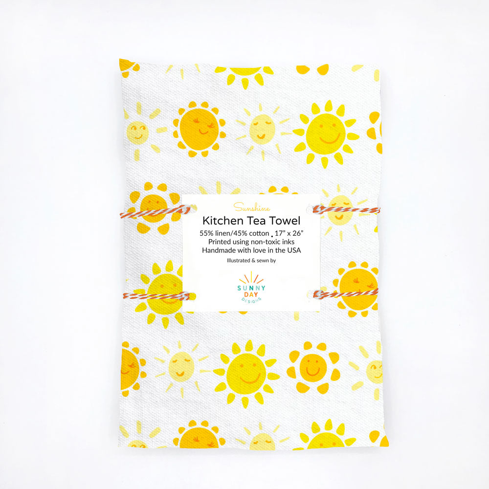 Cheerful Yellow, Orange and white Smiling Sun Printed Kitchen Towel, Linen/Cotton, designed and made in the USA