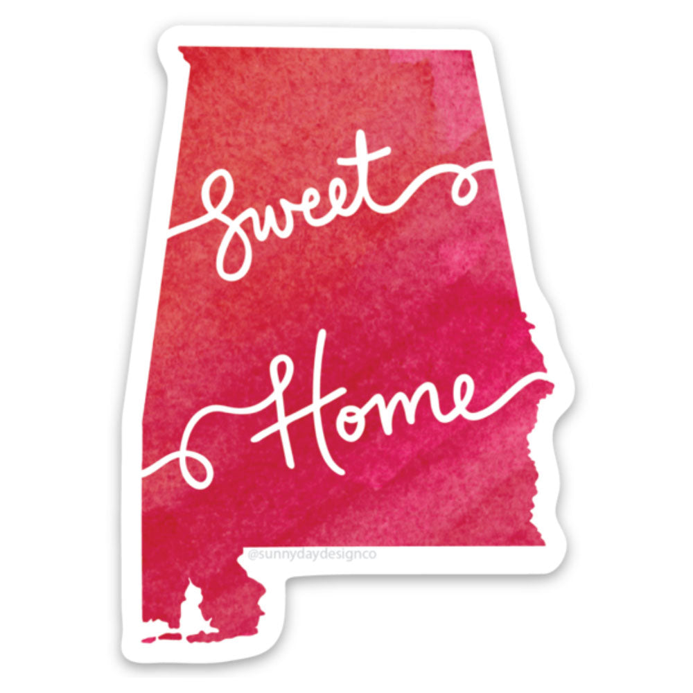 Crimson red Sweet Home Alabama watercolor fun vinyl magnet by Sunny Day Designs. This AL state shaped magnet is perfect for anyone from Alabama. Made in the USA.