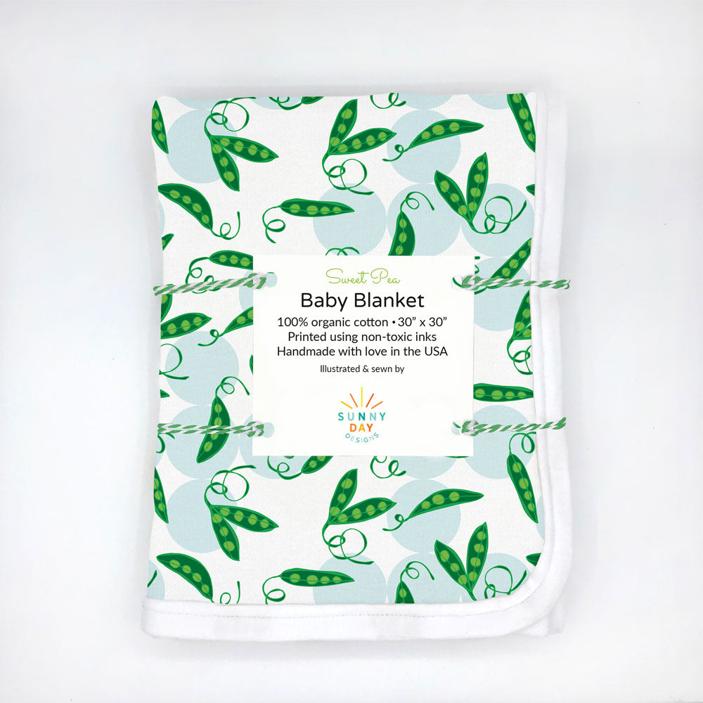 Sweet Pea Baby Blanket, Garden Veggie-Themed Newborn Gift, Organic Cotton
