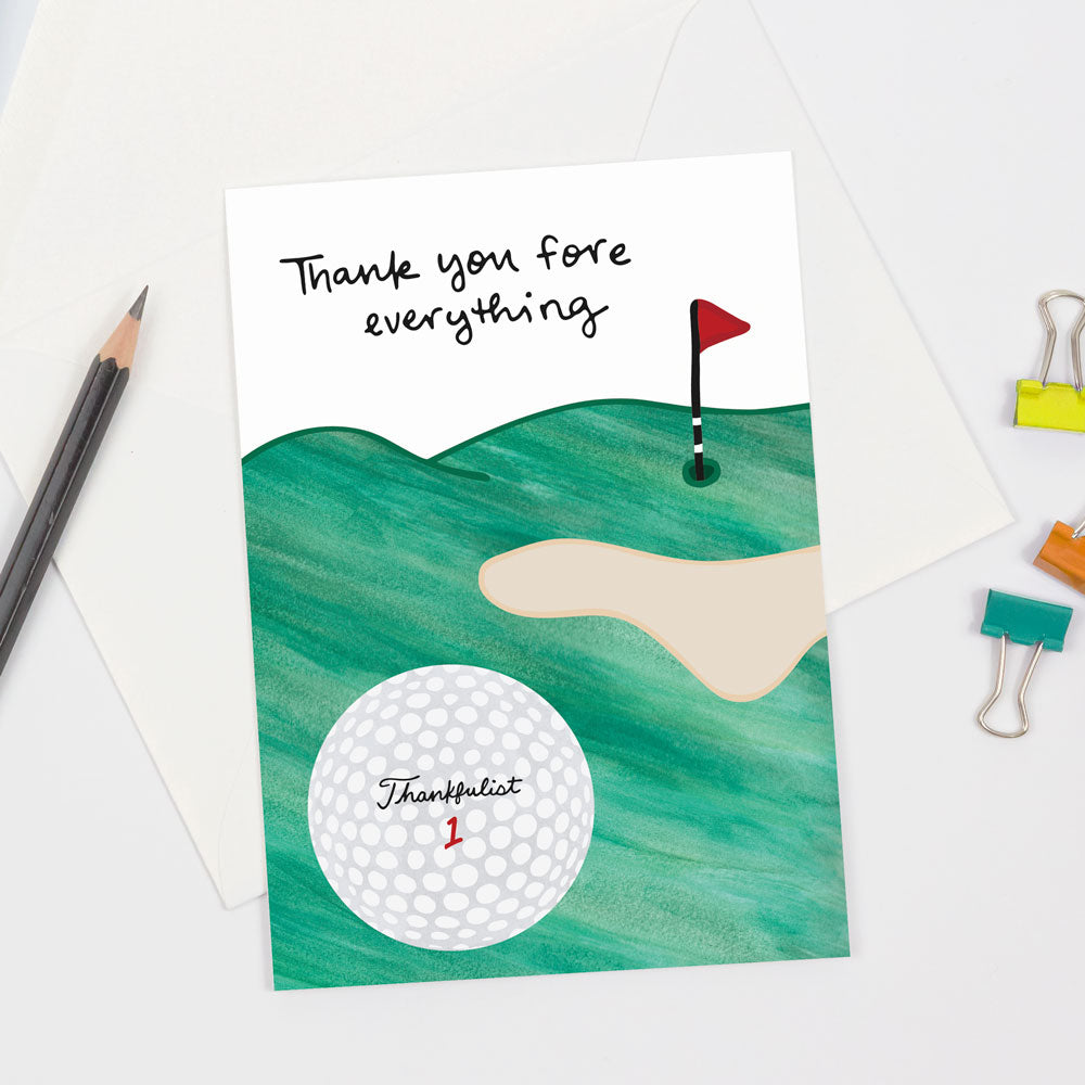 Golfers will love this gratitude greeting card, which features the punny text "Thank you for everything" and a golf ball labelled "Thankfulist" on the front. Let them know you're thankful for all that they've done by sending this sweet golf-themed "thank you" greeting card by Sunny Day Designs. Made in the USA and printed on sustainably sourced paper.
