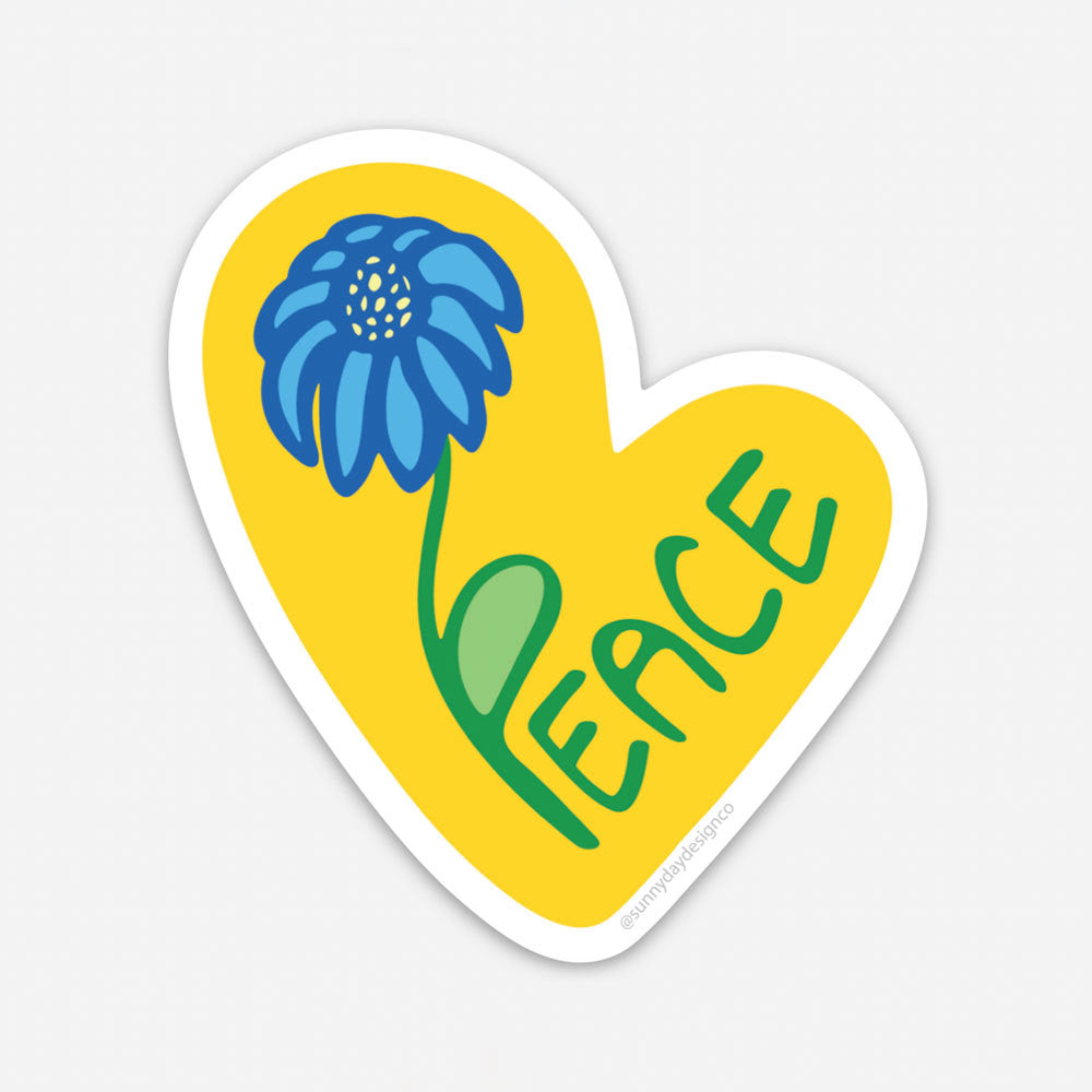 ukraine peace flower sticker with blue flower and green stem on yellow and white background with green peace text by Sunny Day Designs