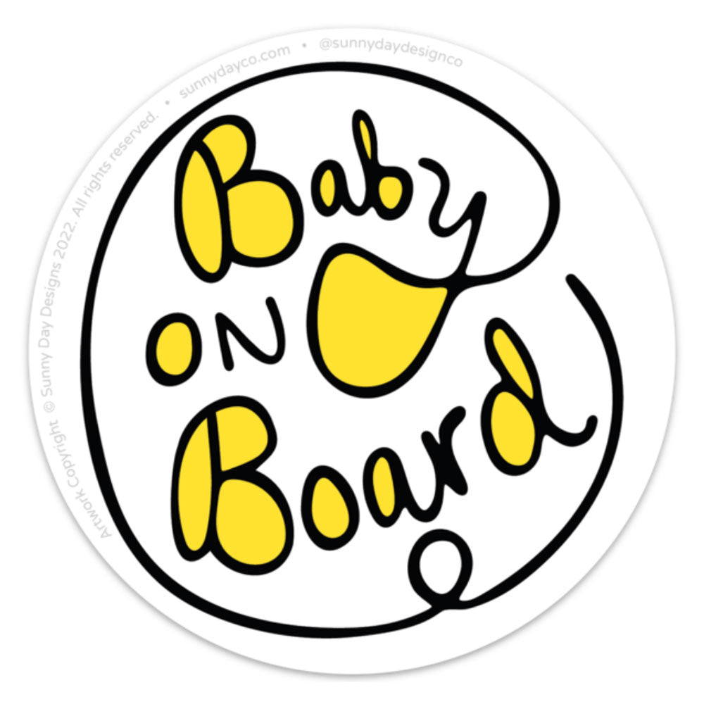 Circular "Swirl" Baby On Board car magnet design by Sunny Day Designs. Featuring hand lettered black and yellow text that says "Baby On Board", this whimsical car magnet will alert emergency personnel that a baby is in your car for safety reasons in case of a vehicle accident. Designed in Madison, WI, and made in the USA.